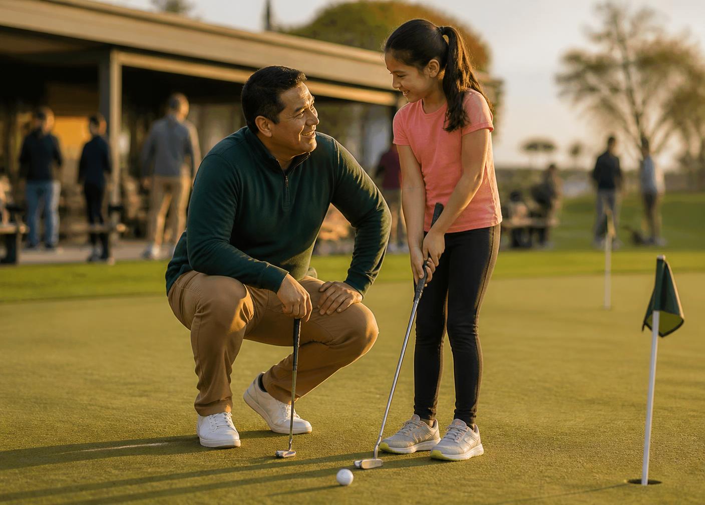 A parent kneeling beside their child on a practice putting green