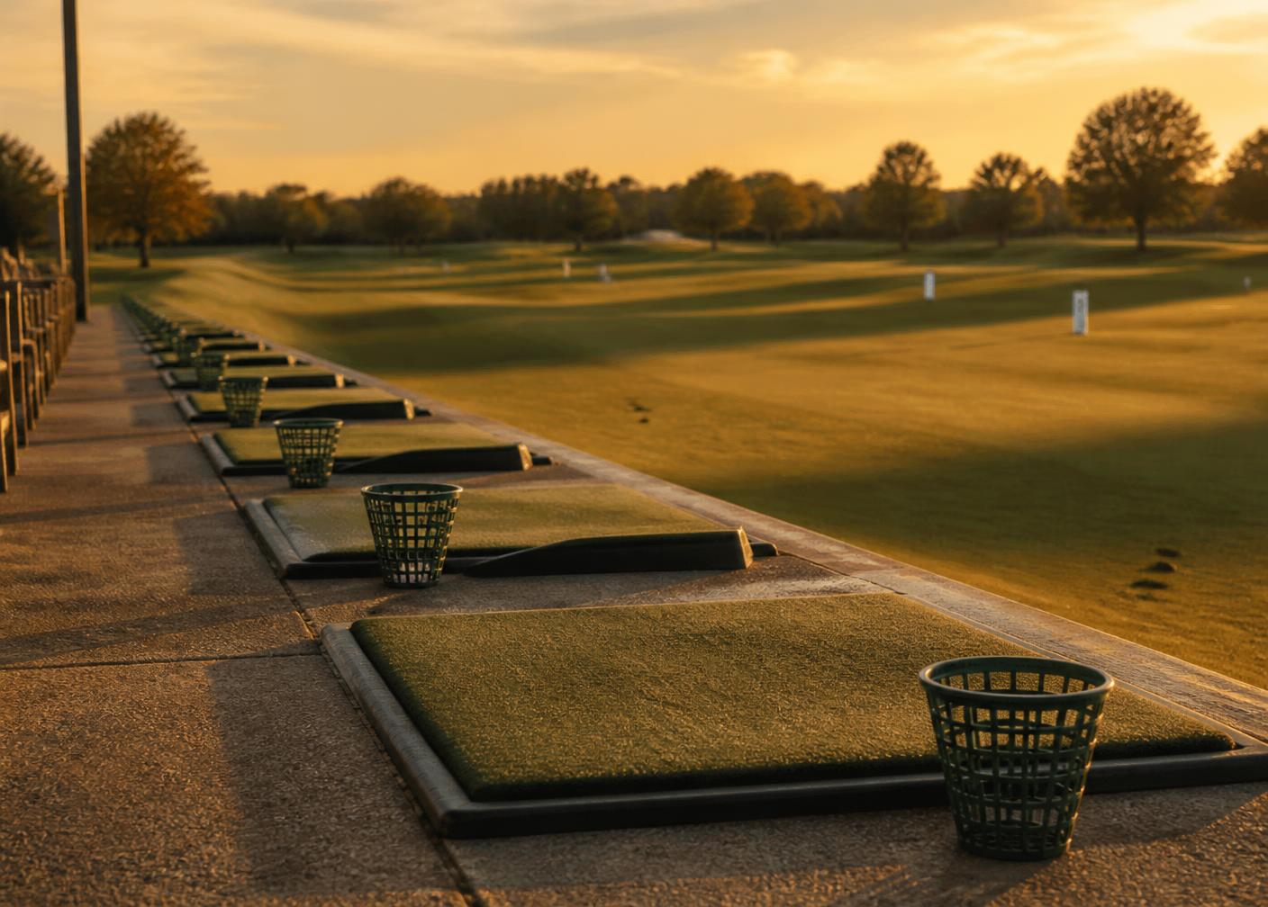 A public course practice range lit by low golden evening light