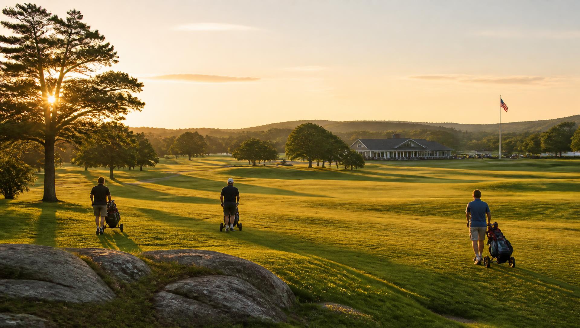 Golfers walking a public course fairway in warm evening light